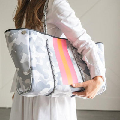 Grey Camo & Coral Stripe Neoprene Tote