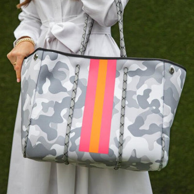 Grey Camo & Coral Stripe Neoprene Tote