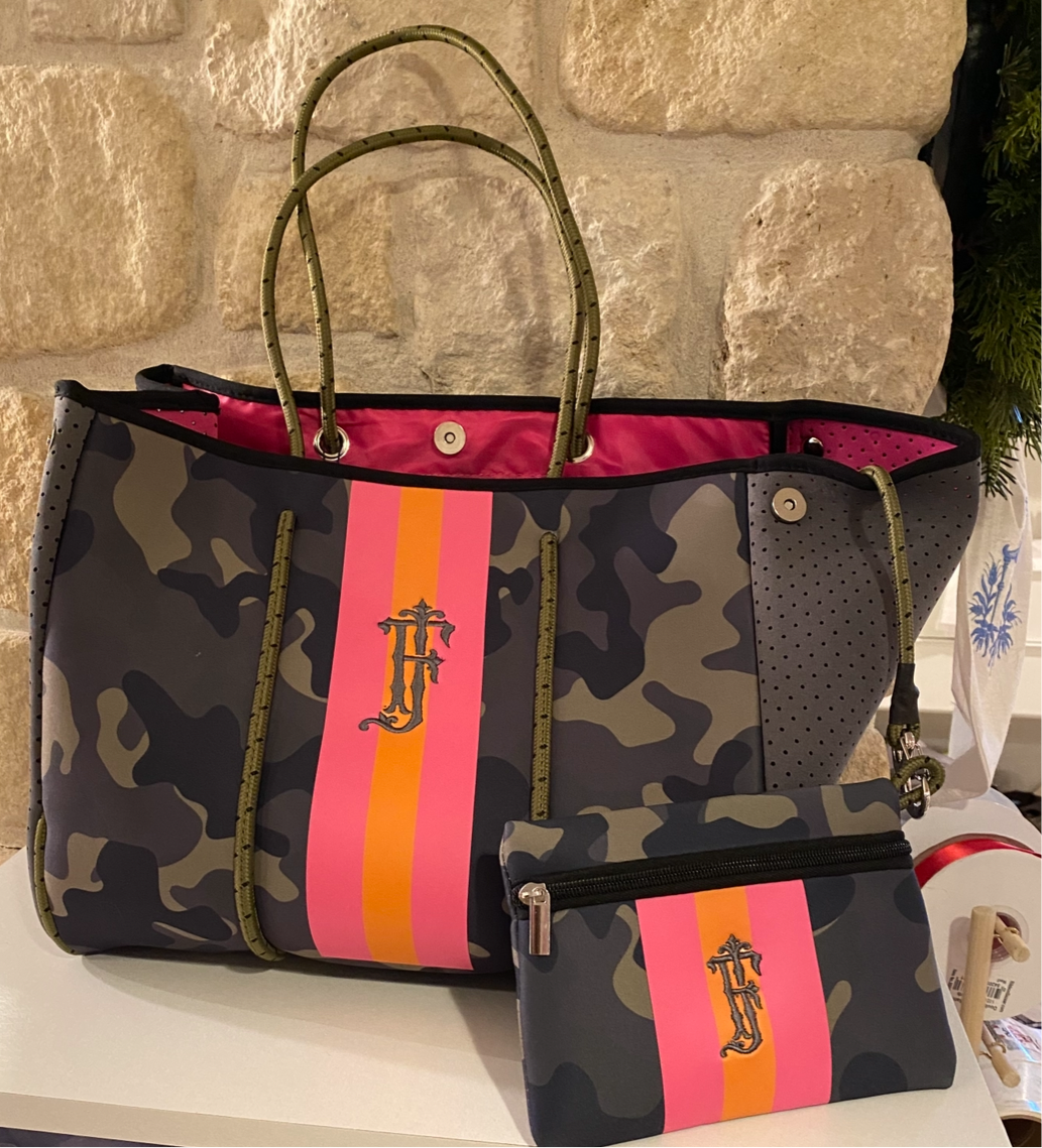 Camo & Coral Stripe Neoprene Tote