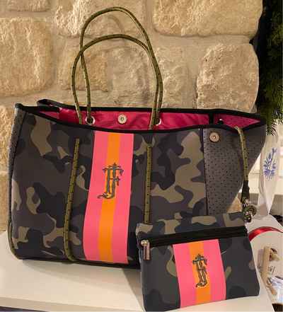 Camo & Coral Stripe Neoprene Tote